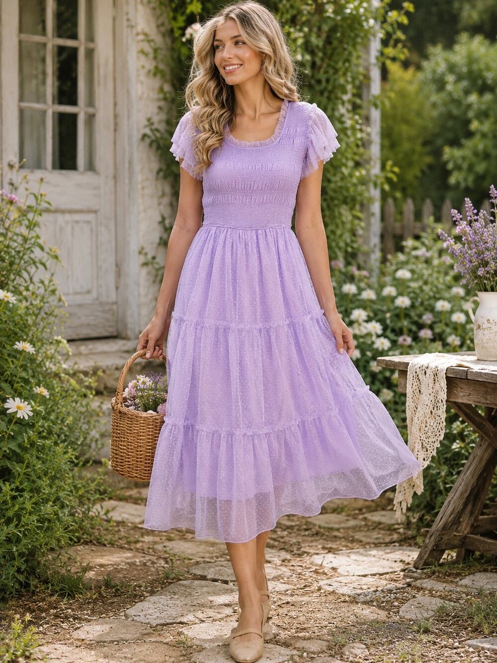 Wayward Fancies lLavender Smocked Tiered Tulle Cottagecore Feminine Dress Size M